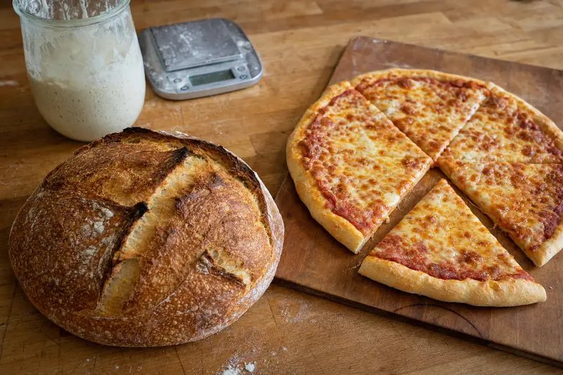A homemade sourdough loaf and a cheese pizza on a butcher block counter, with a jar of starter and a kitchen scale