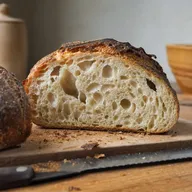 A sliced sourdough loaf with an open crumb